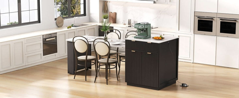 Kitchen Island Modern With Extendable Dining Table & Power Outlet For 4-6 People Black