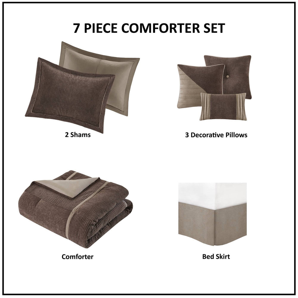 7 Piece Micro Corduroy Comforter Set Brown Queen Media 4