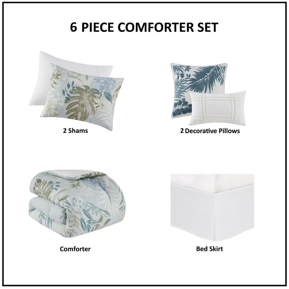 6 Piece Oversized Cotton Comforter Set with Throw Pillow Blue Queen Media 7