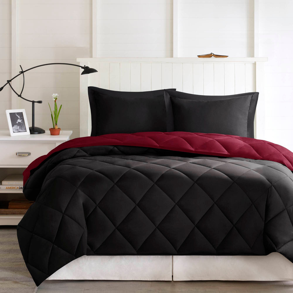 3 Pieces King/Cal King 3M Scotchgard Diamond Quilting Reversible Down Alternative Comforter Set,Red+Black Media 2