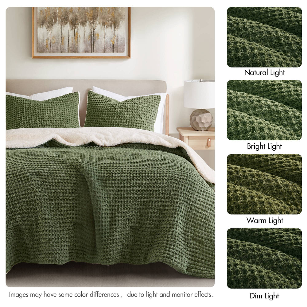 3 Pieces Full/Queen Waffle Knit Chenille Comforter Set,Olive Media 2
