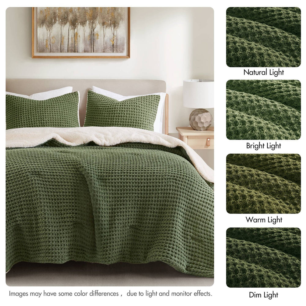 2 Pieces Twin Waffle Knit Chenille Comforter Set,Olive Media 3