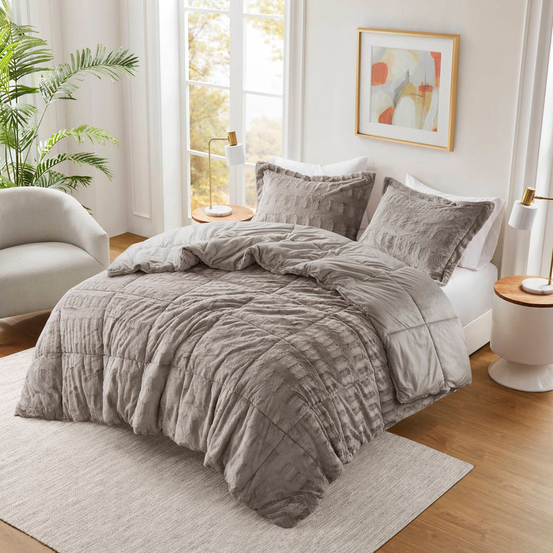 2 PCS Twin/Twin XL Solid Faux Fur Comforter Mini Set Gray