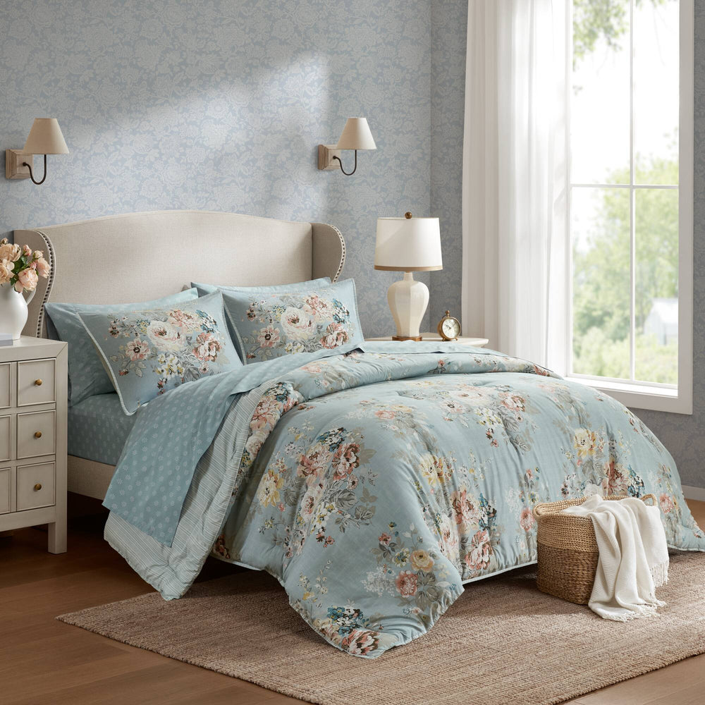 5-Piece Twin 5 Piece Vin -inspired Collection floral print,Soft Blue Media 1