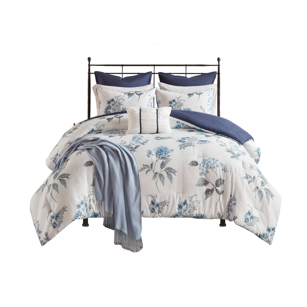 7 Piece Printed Seersucker Comforter Set with Throw Blanket Blue Full/Queen Media 12