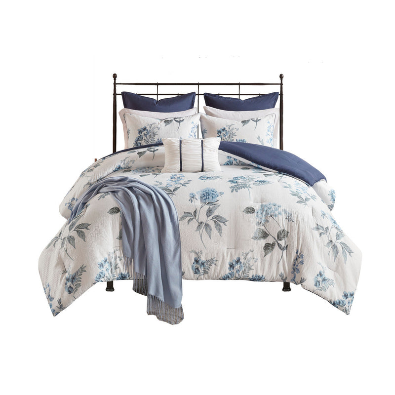 7 Piece Printed Seersucker Comforter Set with Throw Blanket Blue Full/Queen