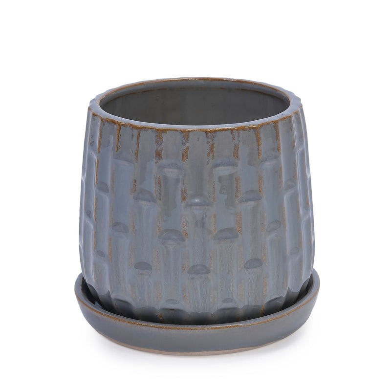 Handmade Gray Glazed Ceramic Planter Set of 2, 6' & 8' Diameter, Vertical Ribbed Pattern, for Succulents & Herbs Indoor/Outdoor Shelf & Table Use, Breathable Clay with Saucers