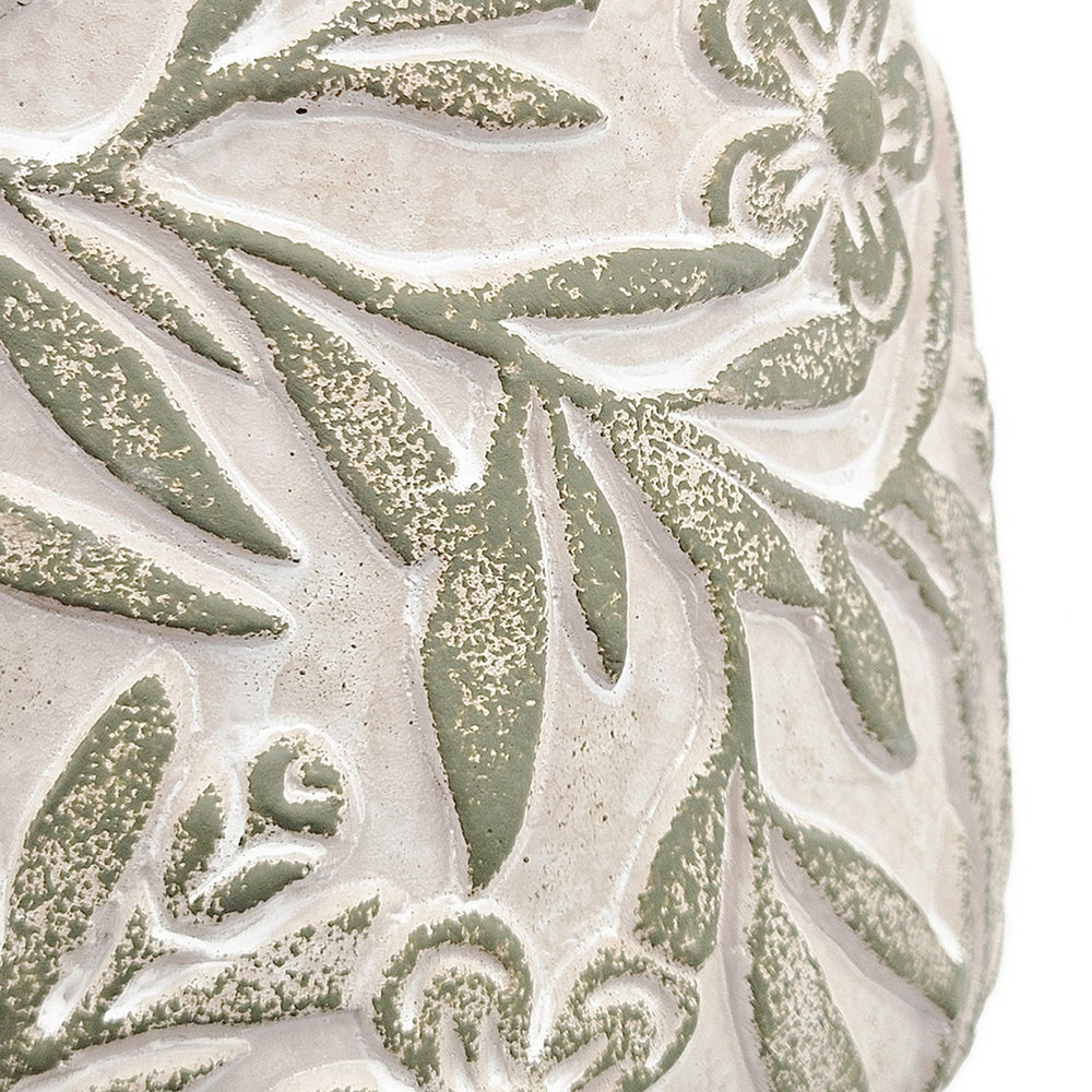 S/2 Gray Sand and Cement Planters with Etched Green Floral Motif, L:D6.7x6.3' S:D5.5x5' Media 8