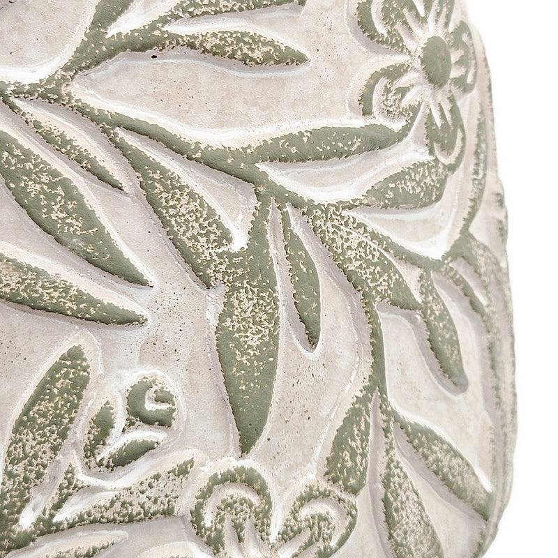 S/2 Gray Sand and Cement Planters with Etched Green Floral Motif, L:D6.7x6.3' S:D5.5x5'
