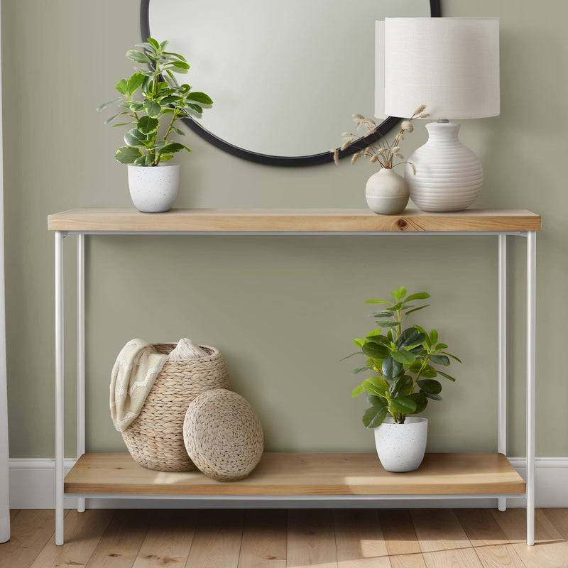 Artificial Ficus Plant Set of 2, 14 Inch Tall Indoor Decorative Table Potted Greenery with White Speckled Pots, Green Leaves, Plastic, 9x10x14 Inches