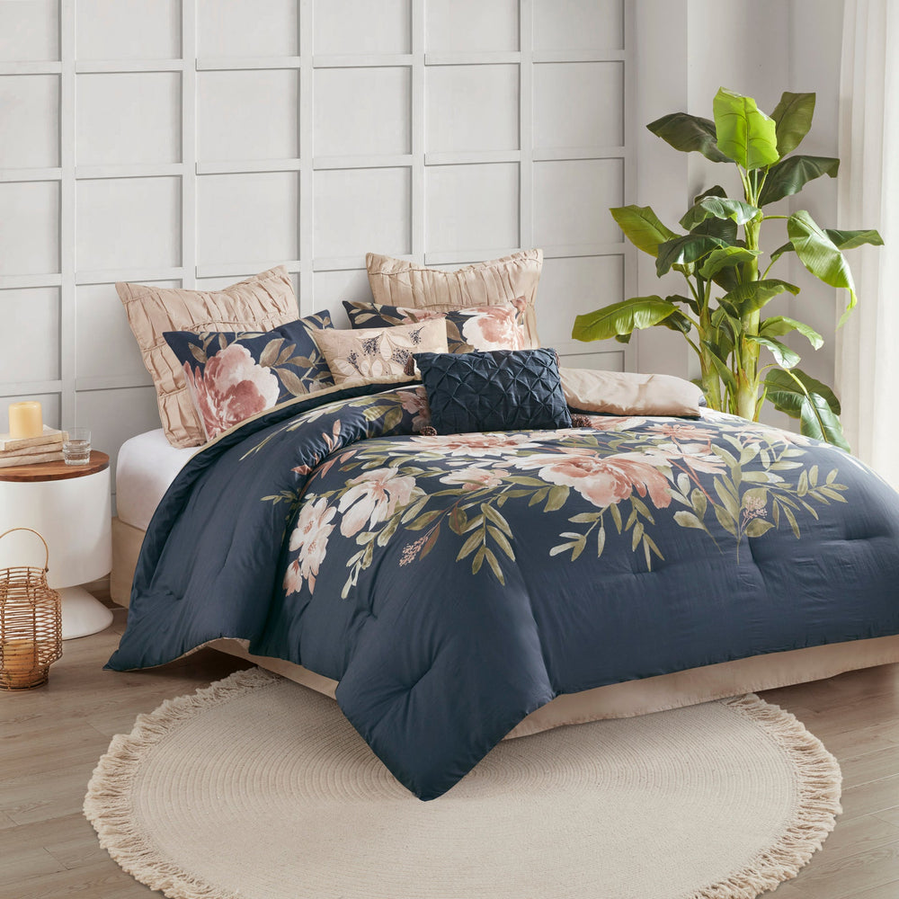 8 Piece Cotton Comforter Set Navy Queen Media 1