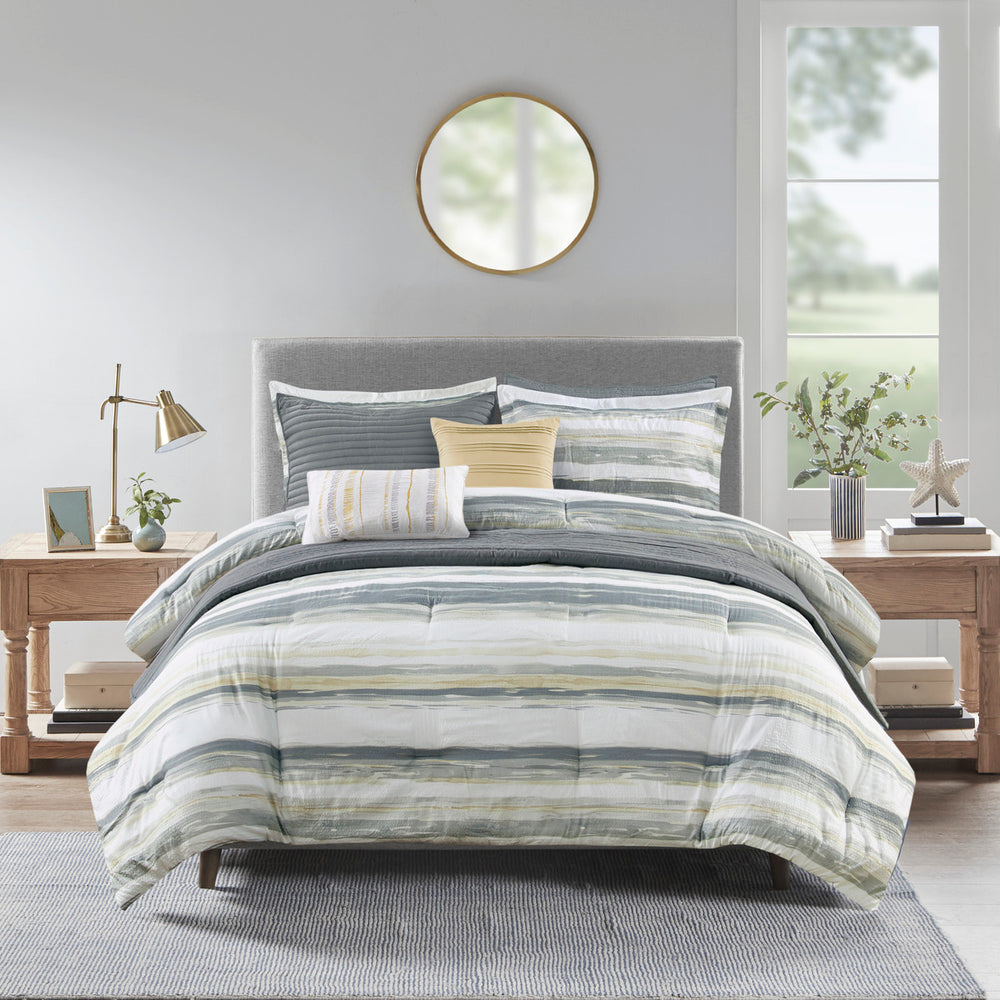 8 Piece Printed Seersucker Comforter and Quilt Set Collection Yellow Full/Queen Media 10