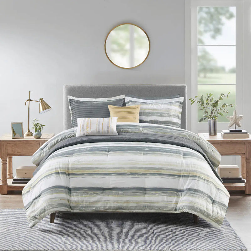 8 Piece Printed Seersucker Comforter and Quilt Set Collection