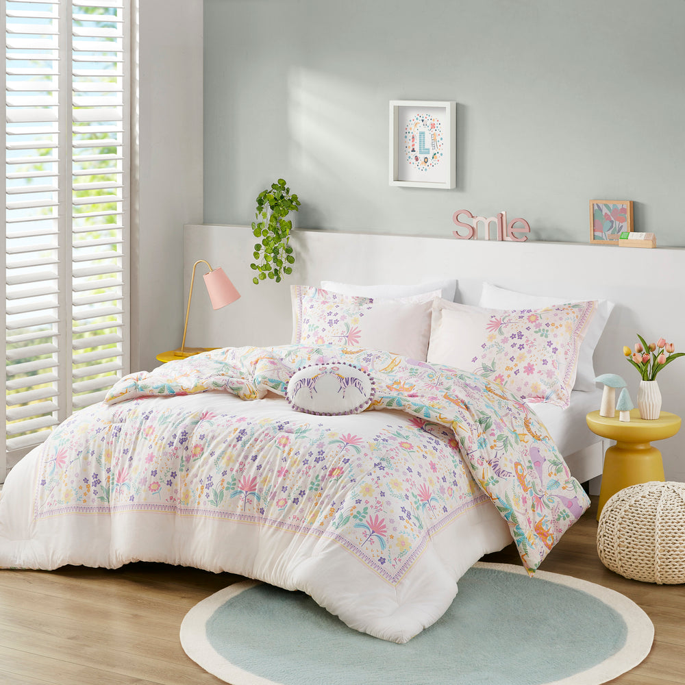 3 PCS Twin Floral Reversible Cotton Comforter Set with Throw Pillow Purple Media 1