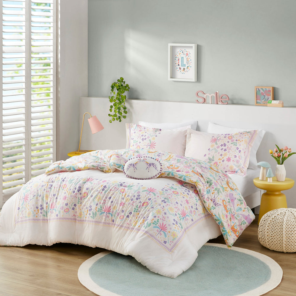4 PCS Full/Queen Floral Reversible Cotton Comforter Set with Throw Pillow Purple Media 1
