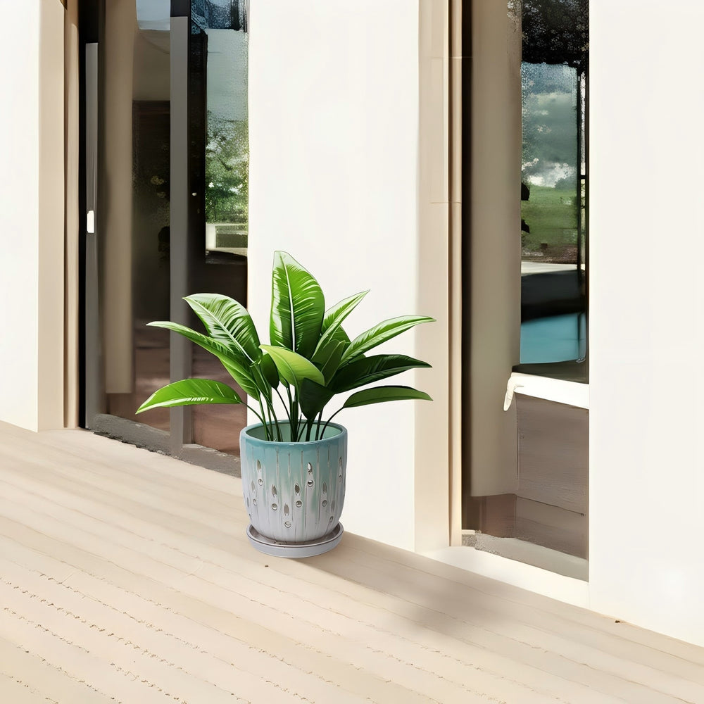Set of 2 Ceramic Flowerpot with Drainage Hole, 8' Modern Planter for Patio, Garden, Windowsill - White Green Media 4