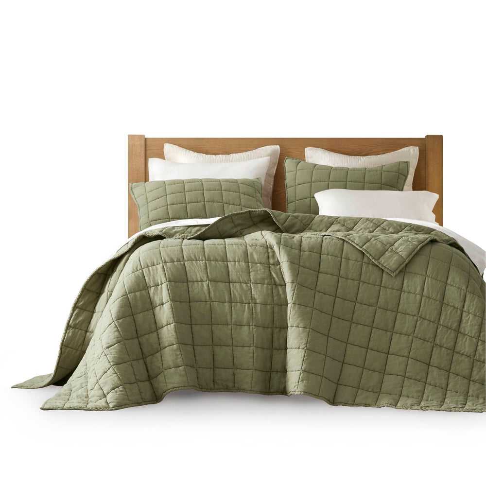 3-Piece King/Cal King Linen Garment Washed Quilt Set,Olive Green Media 15