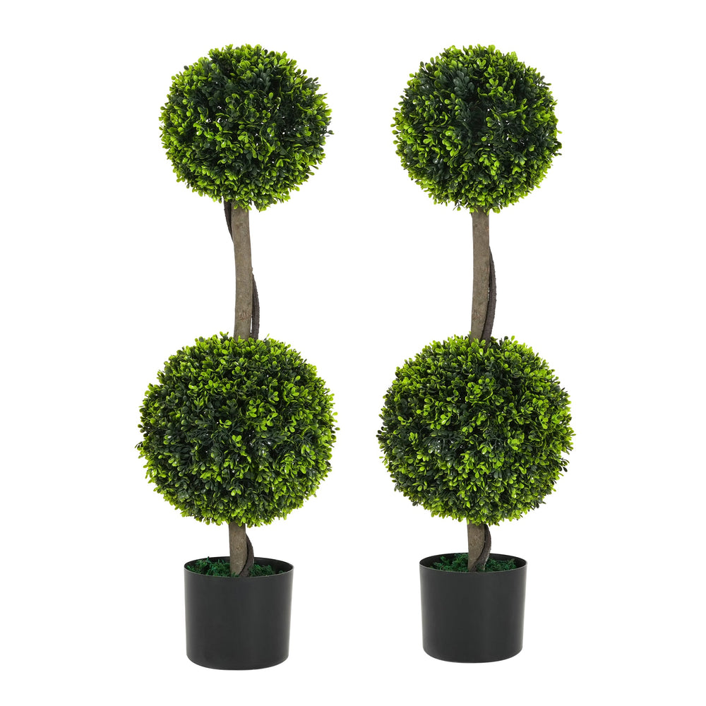 34' Artificial Topiary Boxwood Tree Double Ball with Black Plastic Pot, Set of 2 Media 1