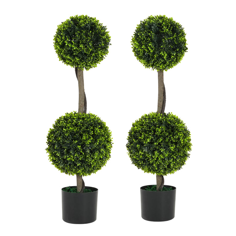 34' Artificial Topiary Boxwood Tree Double Ball with Black Plastic Pot, Set of 2