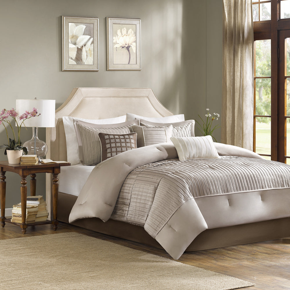 7 Piece Polyester Charmeuse Comforter Set Taupe Queen Media 1