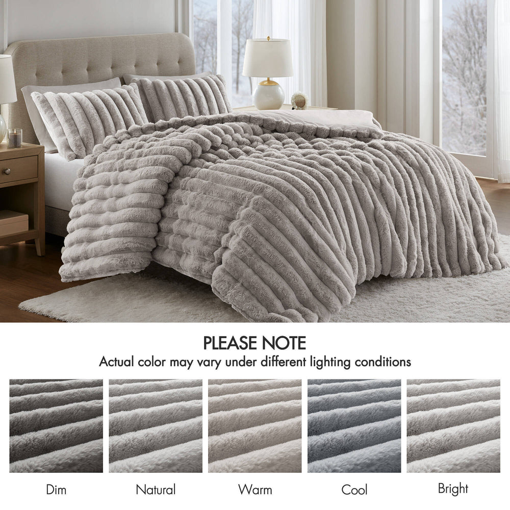 3 Pieces Full/Queen  soft Faux Fur Ribbed Comforter Set,Light Gray Media 2