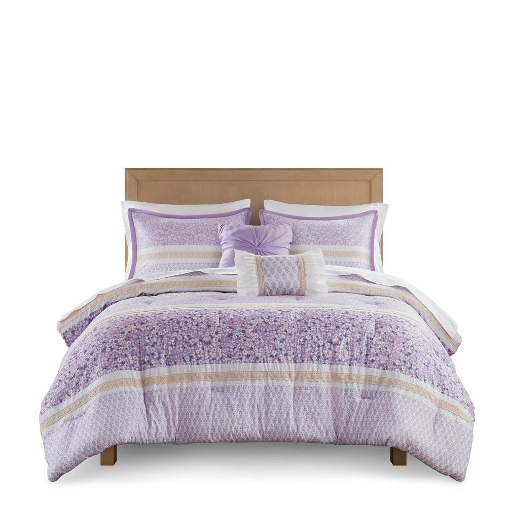 5 PCS Full/Queen Seersucker Comforter Set with Throw Pillows Media 2