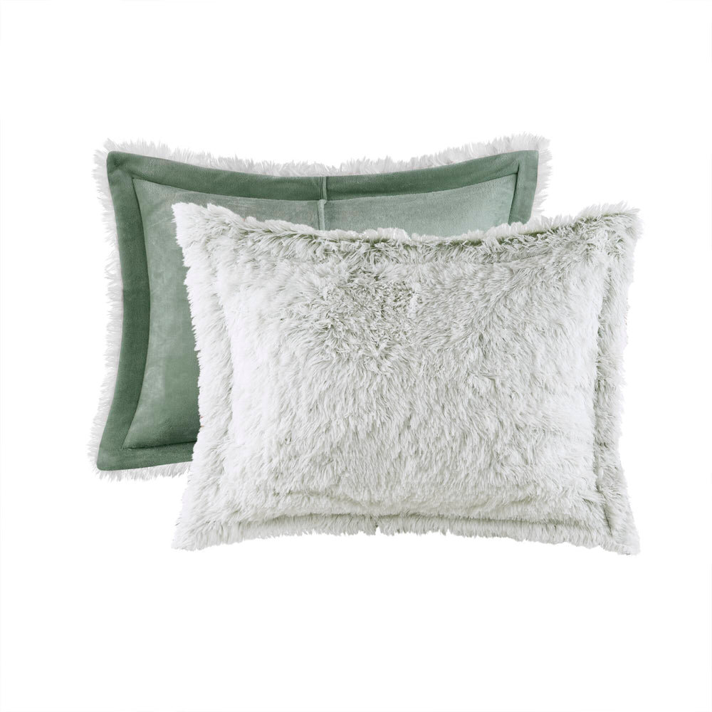 3 PCS Full/Queen Shaggy Faux Fur Comforter Mini Set Green/White Media 7