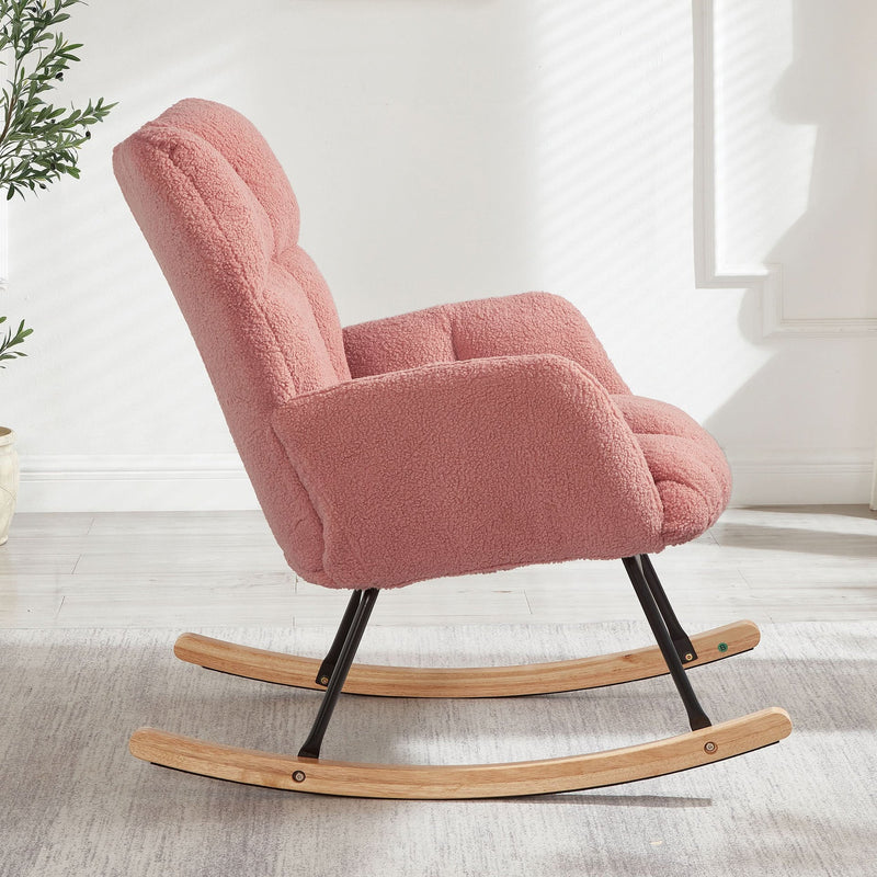 Glider Chair Teddy Fabric Pink With Sturdy Metal Frame For Living Room Comfort & Rocking Style