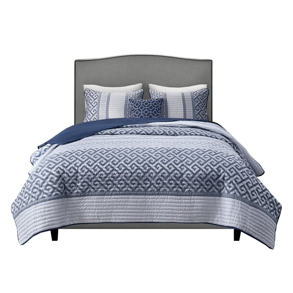 4 Piece Jacquard Quilt Set with Throw Pillow Navy Full/Queen Media 10