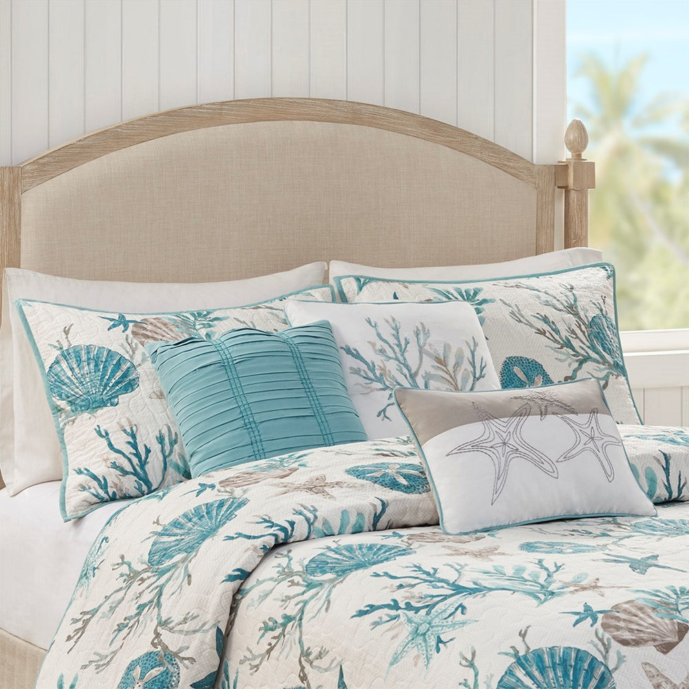 6 Piece Cotton Sateen Quilt Set with Throw Pillows Aqua Full/Queen Media 7