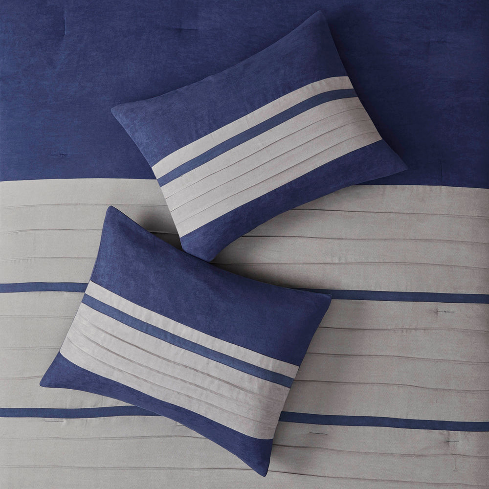 7 PC Pieced Faux Suede Comforter Set Blue Cal King Media 11