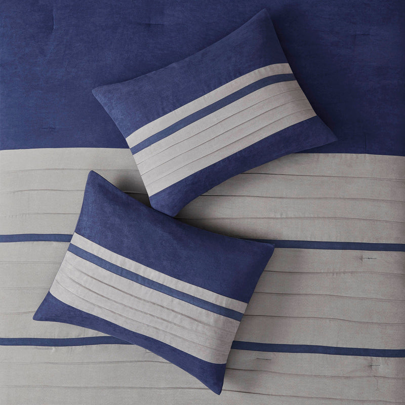 7 PC Pieced Faux Suede Comforter Set Blue Cal King