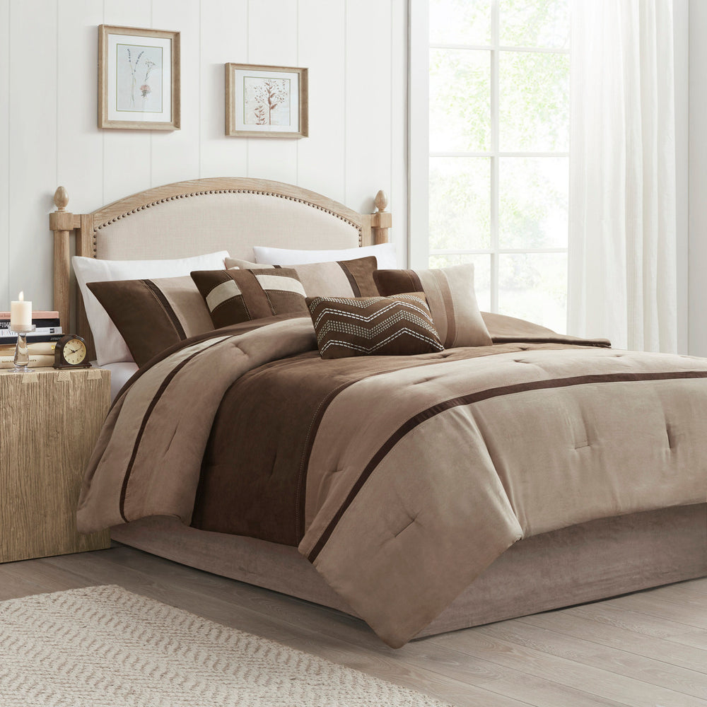 7 Piece Faux Suede Comforter Set Brown Queen Media 1