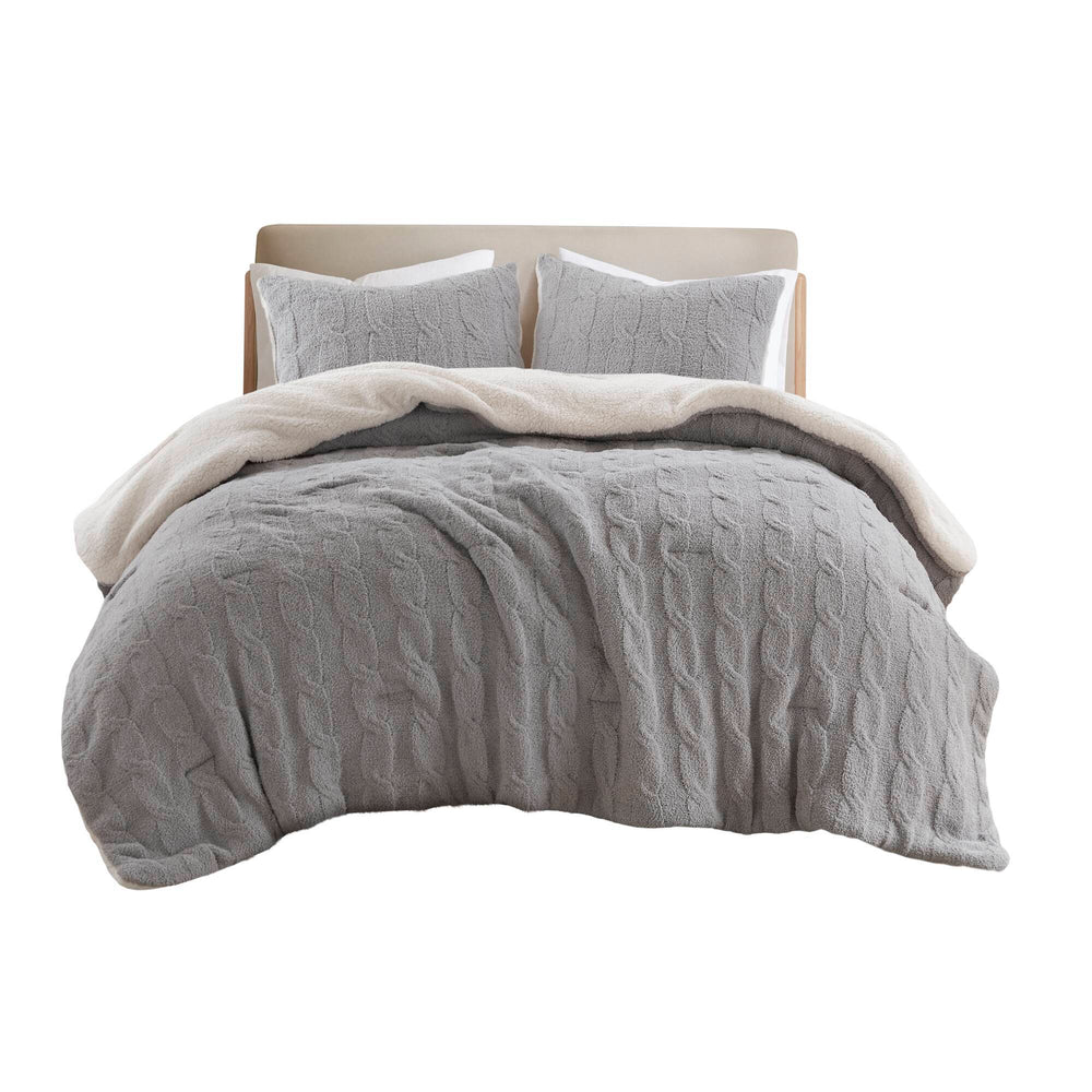 3 Pieces Full/Queen Cable Knit Chenille Comforter Set,Gray Media 6