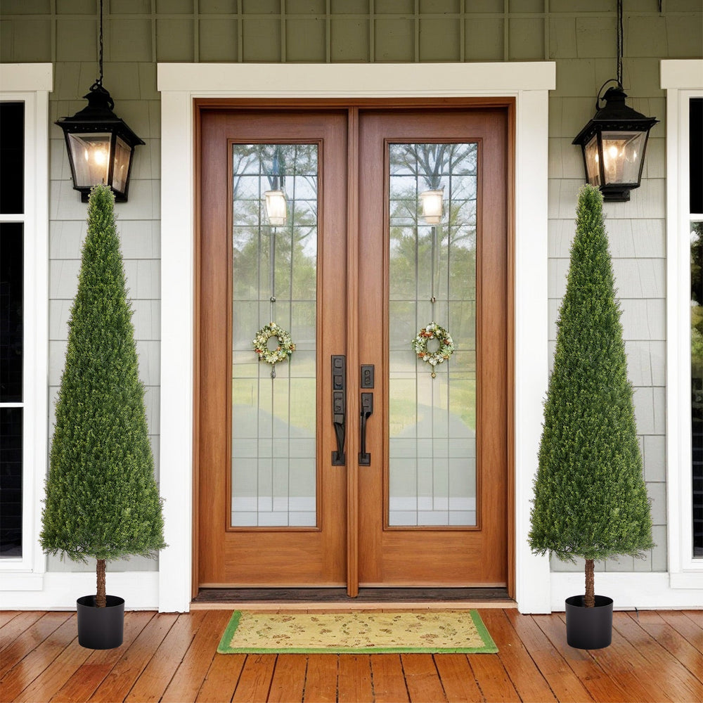 6FT Artificial Conical Topiary Trees  UV Resistant Faux Cedar Bushes and Evergreen Shrubs, Fake Potted Plants for Front Porch Outside Planter Decor, 1pc/set Media 11