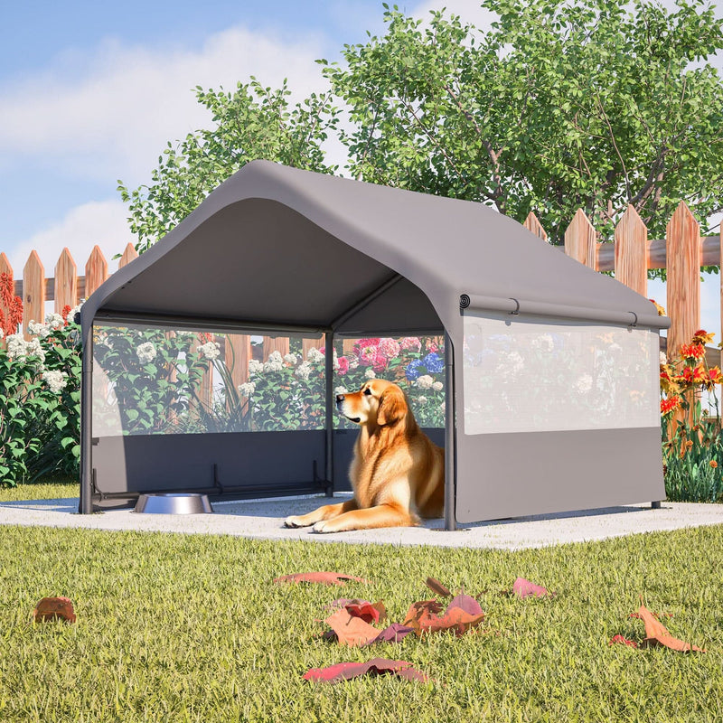 Extra Large Outdoor Dog House Tent with 3-Sided Mesh Windows, Breathable Sun Rain Cover Pet Shelter with Canopy and Ground Stakes for Dogs, Cats, Livestock – 4' x 4' x 3.3', Gray