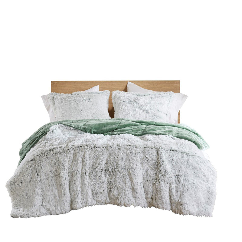 2 PCS Twin/Twin XL Shaggy Faux Fur Comforter Mini Set Green/White