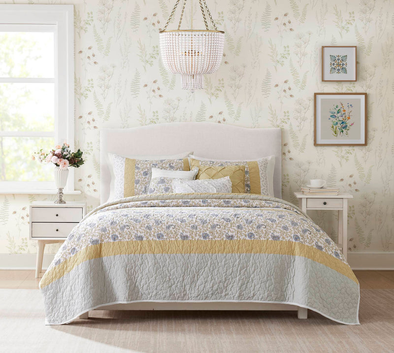 6 Piece Cotton Percale Quilt Set with Throw Pillows Yellow King/Cal King