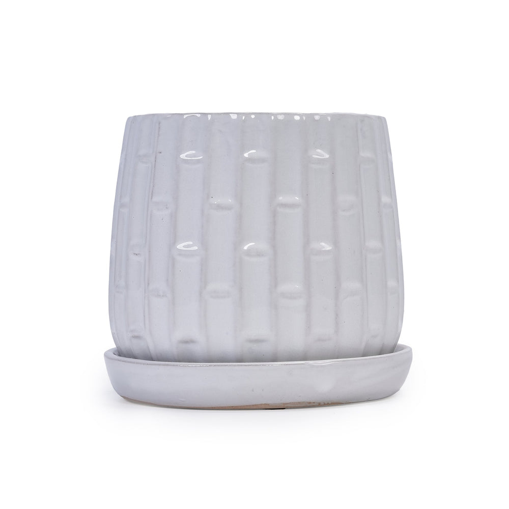 Handmade White Glazed Ceramic Planter Set of 2, 6' & 8' Diameter, Bamboo-like Pattern, for Orchids Indoor/Outdoor Shelf & Table Use, Breathable Clay Media 10