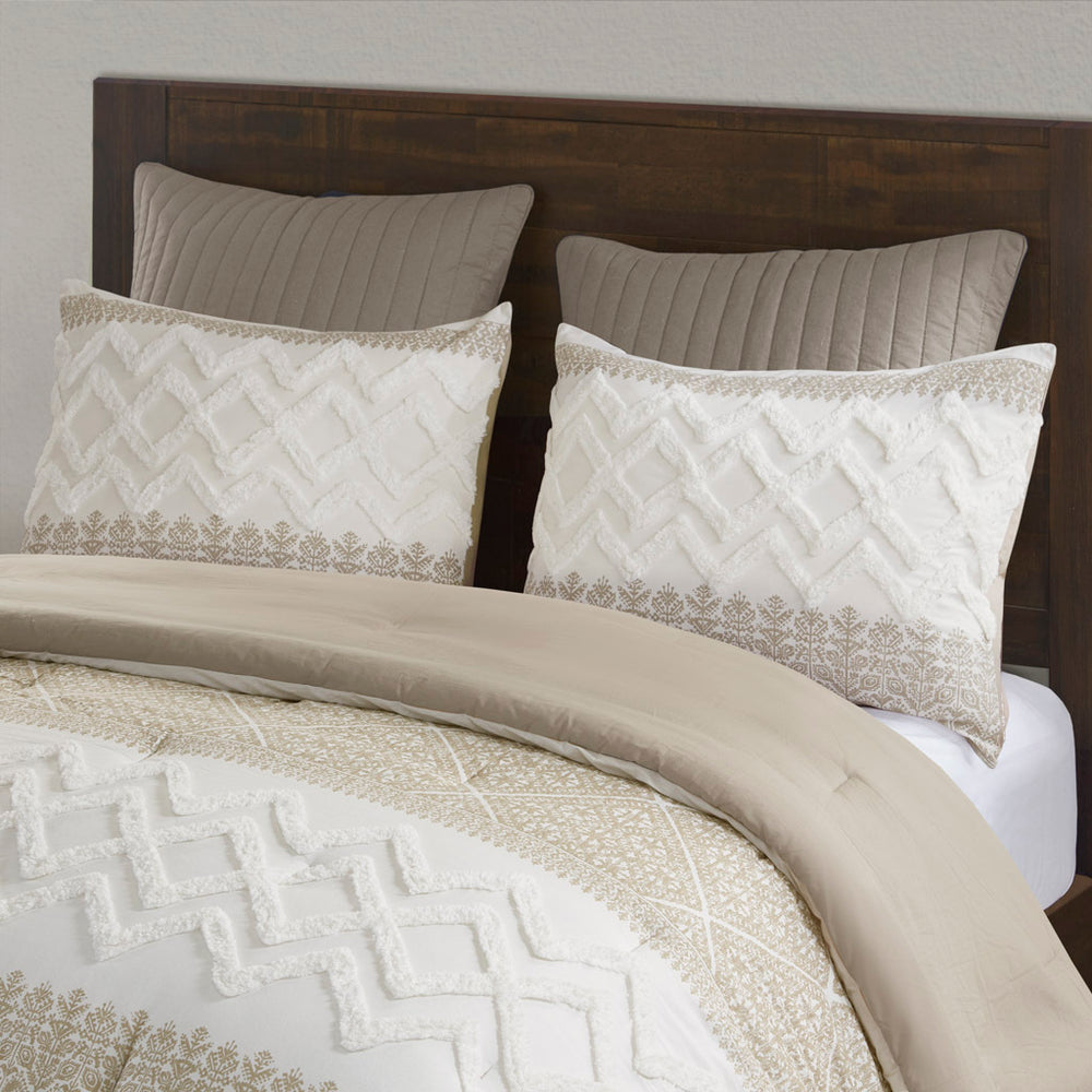3 Piece Cotton Comforter Set with Chenille Tufting Taupe Full/Queen Media 4