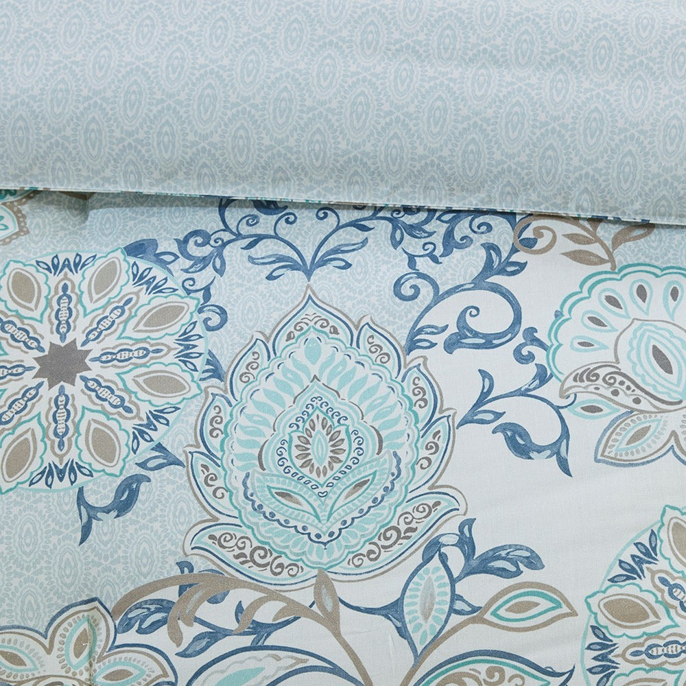 8 Piece Cotton Floral Printed Reversible Comforter Set Blue King Media 3