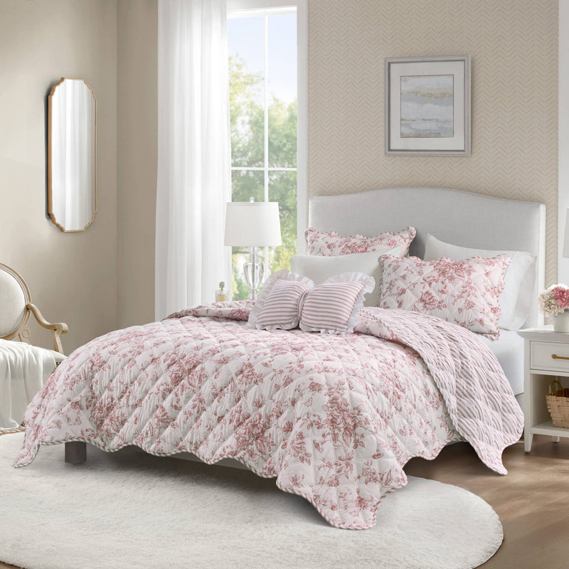 4 Pieces King  Quilt Set with Decorative Pillow,Pink