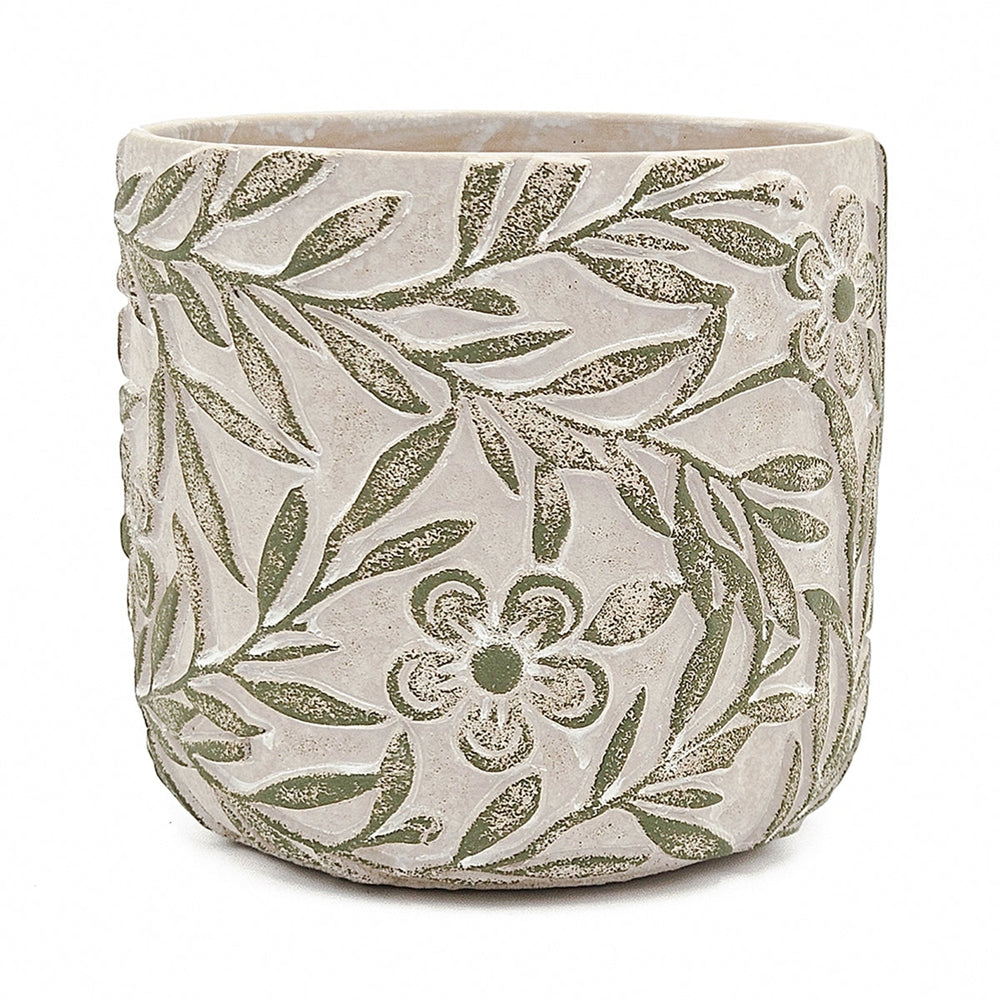 S/2 Gray Sand and Cement Planters with Etched Green Floral Motif, L:D6.7x6.3' S:D5.5x5' Media 5
