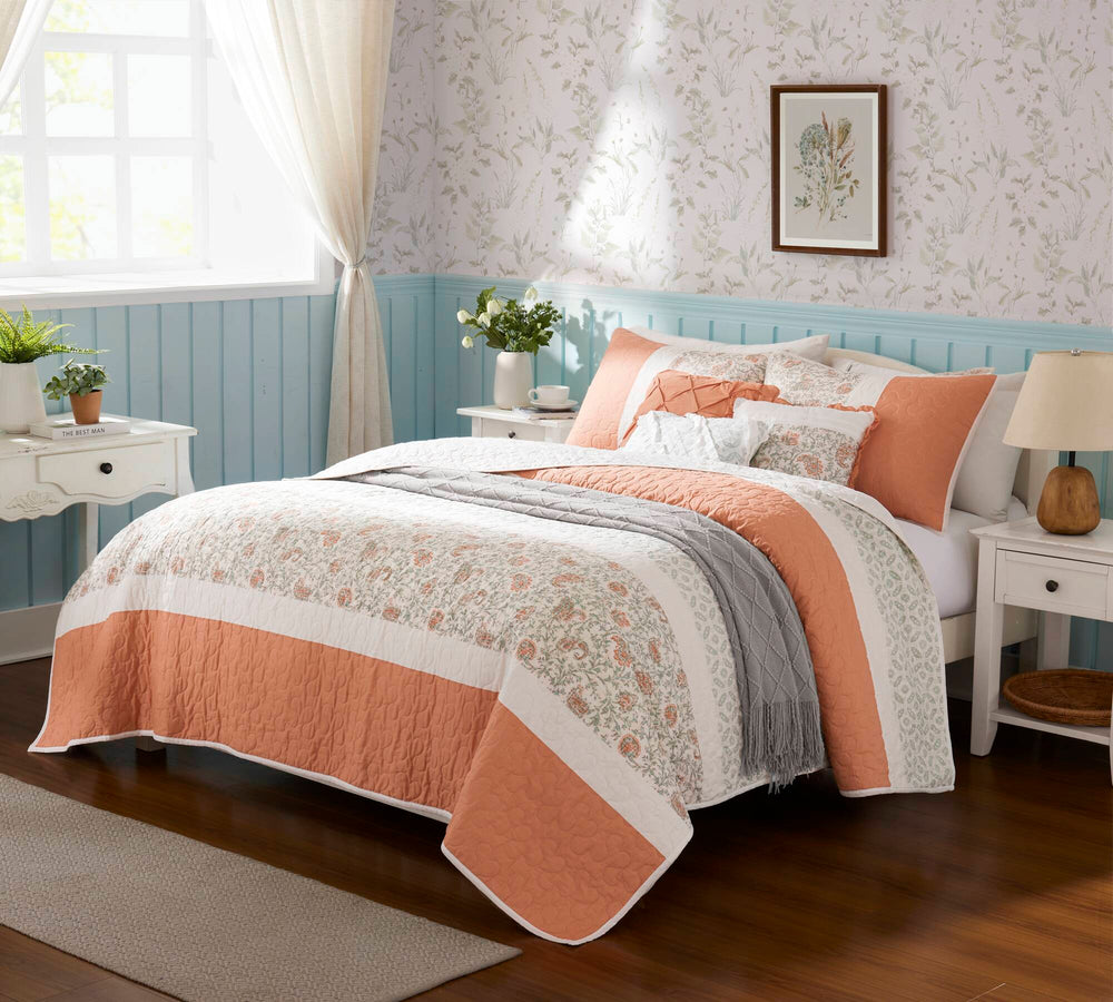 6 Piece Cotton Percale Quilt Set with Throw Pillows Coral King/Cal King Media 11