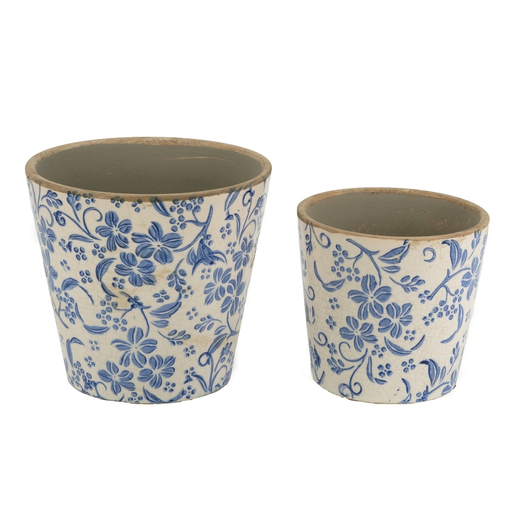 S/2 Blue and White Ceramic Planters with Floral Motif Media 4