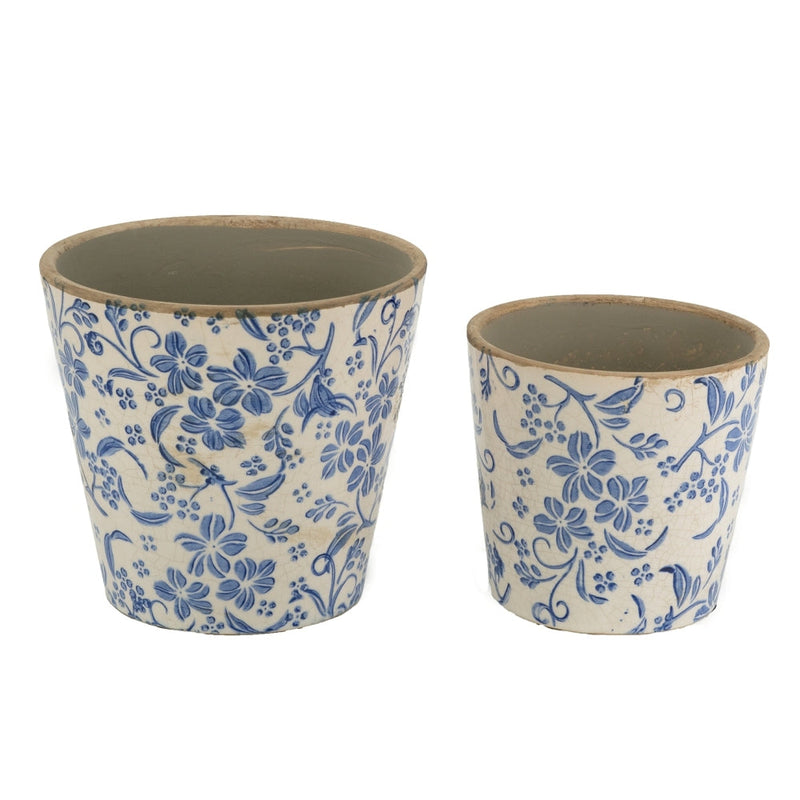 S/2 Blue and White Ceramic Planters with Floral Motif