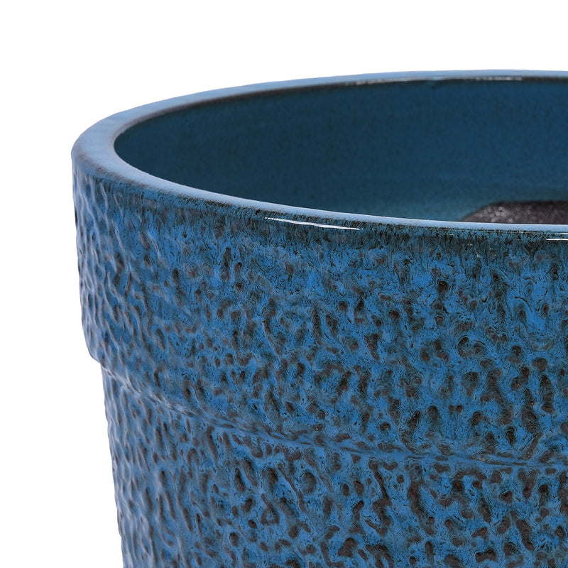 Handmade Ceramic Planter Set of 3, 15/12/9 Inch Diameter, Blue Textured Pattern, for Succulents & Indoor Plants, Windowsill & Bookshelf Use, Breathable Clay