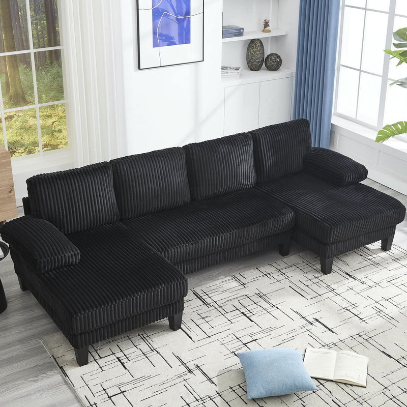 U Shaped Sofa Wood Frame Oversized Four-Seater Living Room Black Upholstery