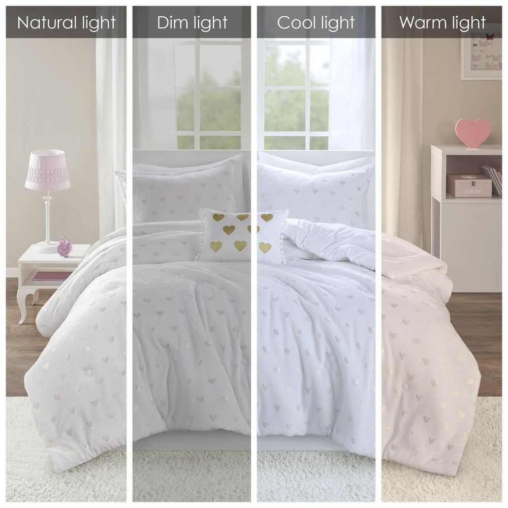 Plush Comforter Set White & Gold Heart Print 4 Piece Full Queen Bedding Includes Shams & Throw Pillow Media 3
