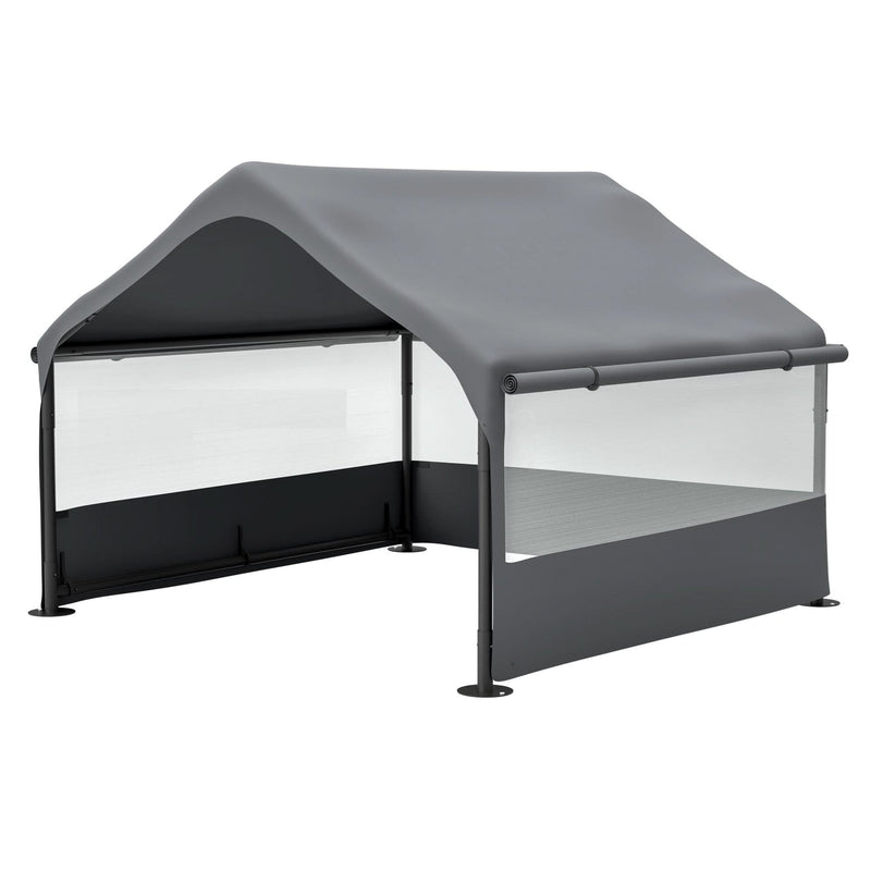Extra Large Outdoor Dog House Tent with 3-Sided Mesh Windows, Breathable Sun Rain Cover Pet Shelter with Canopy and Ground Stakes for Dogs, Cats, Livestock – 4' x 4' x 3.3', Gray